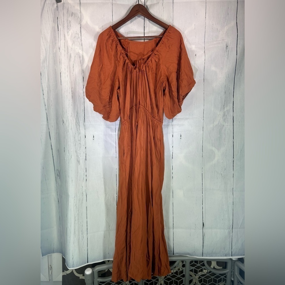 NEW A New Day Puff Sleeve Long Midi Ruched Dress Womens Crew Neck Tie Back Sz L - Picture 4 of 14